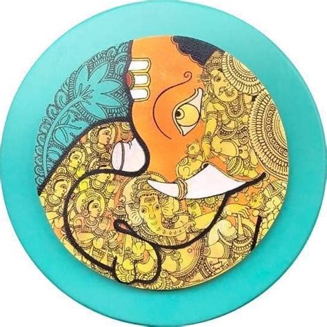 "Ganesha 3": Blue Green Acrylic Painting by Ramesh Gorjala – ArtZolo.com
