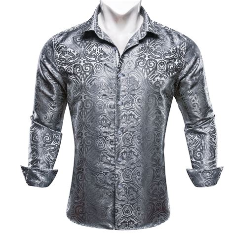 Barry Wang Grey Shirt Silver Paisley Mens Silk Long Sleeve Dress Shirt