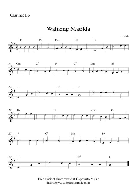 Easy Sheet Music For Beginners: Free easy clarinet sheet music | Waltzing Matilda