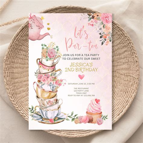 Editable Tea Party Birthday Invitation Girl Par-tea Invite Floral Pink ...