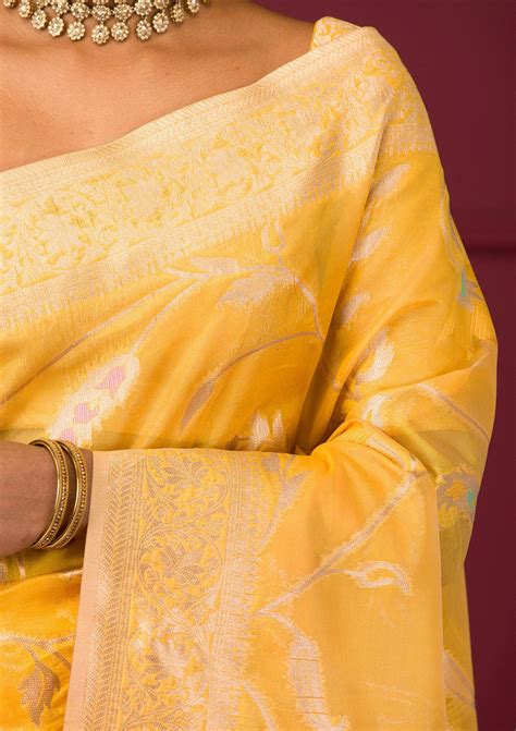Buy Yellow Zariwork Tissue Saree - Koskii