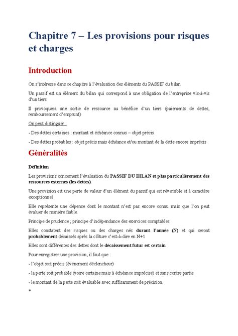 Chapitre 7 - Chapitre 7 - Les provisions pour risques et charges ...