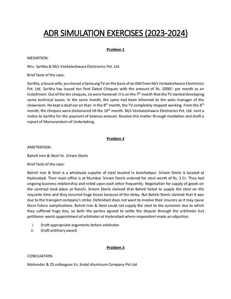 ADR Simulation Exercises - ADR SIMULATION EXERCISES (2023-2024) Problem ...