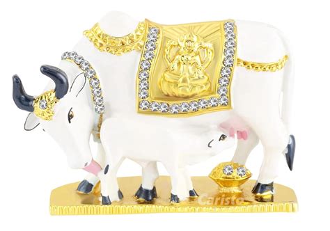 Buy Caristo Kamadhenu Cow and Calf Idol (ID-94) White Gold Metal Statue ...