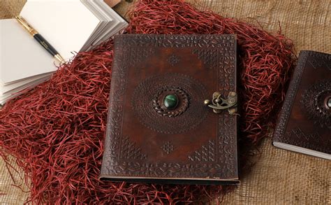 ALCRAFT Real Leather Green Stone Brown Embossed Handmade Diary with ...