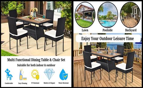 DEVOKO 5PCS Rattan Patio Dining Set Outdoor Cushion Wooden Tabletop 4 ...