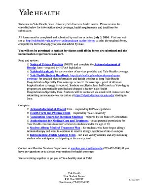 Fillable Online yalehealth yale Yale Health New Student Forms PO Box ...