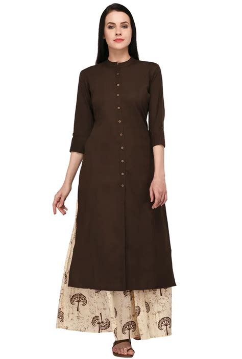 PISTAA Brown Cotton Solid Kurta With Printed Flair Palazzo Bottom Set ...