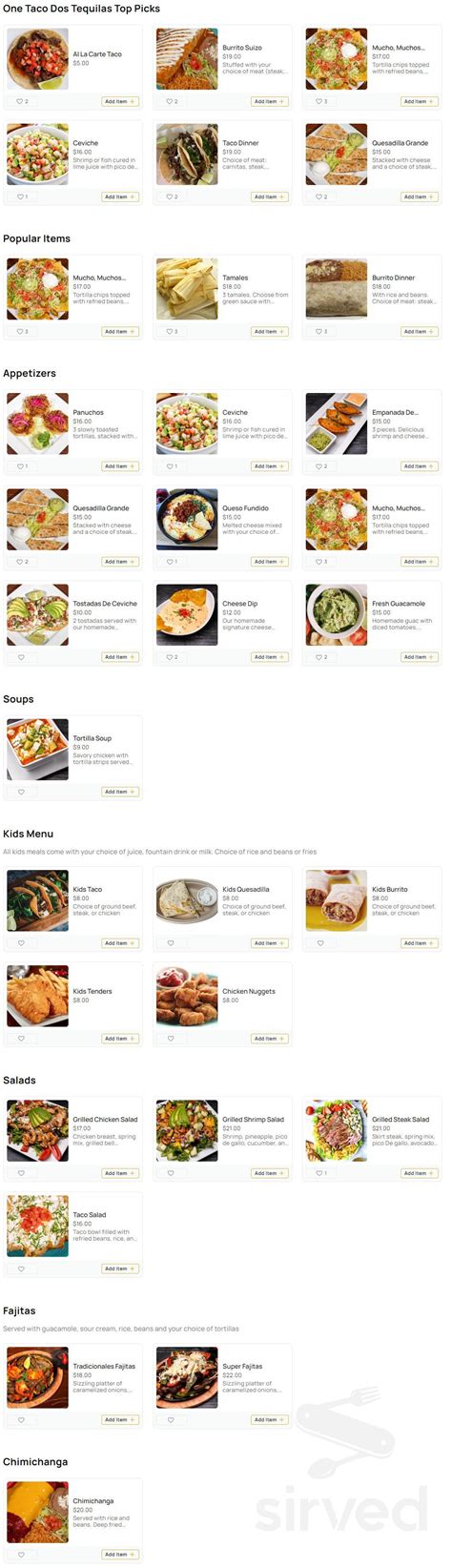 Menu - Palatine IL's One Taco Dos Tequilas | Sirved