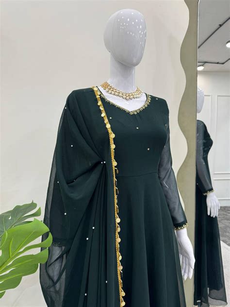 Bottle Green Elegant Handcrafted Georgette Gown Set