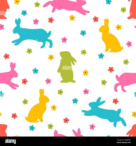 Cute seamless pattern with bunnies and daisies. Easter background. Rabbit, hares silhouettes ...