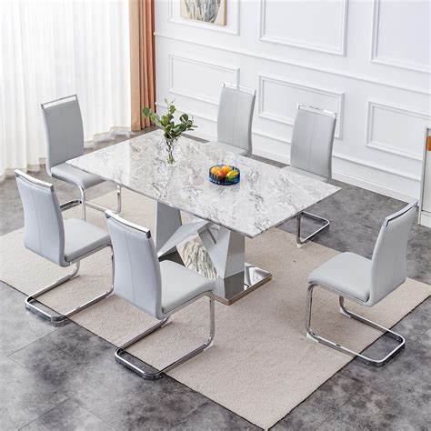 Amazon.com - JUFU Modern Dining Table Set for 6,Grey Faux Marble Dining ...