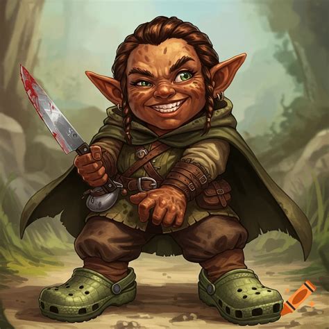 Rock Gnome DND character with Crocs and kitchen knife on Craiyon