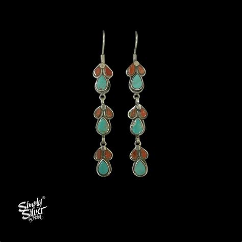 Silver Hooks with Long 3 Turquoise & Red Coral Stone Flowers - MH5586 ...
