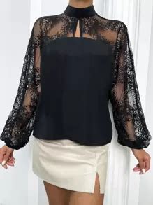SHEIN Raffinéa Keyhole Back Contrast Lace Top | SHEIN USA