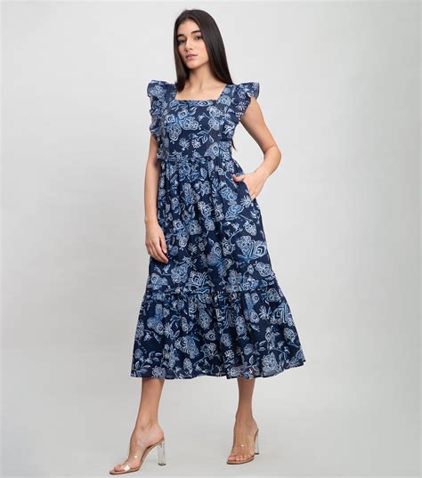 Navy Cotton Printed Midi Dress with Smocking & Stitch line – Canvas