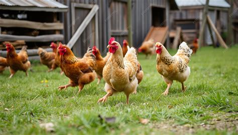 A group of chickens running in a yard with a fence in the background ...