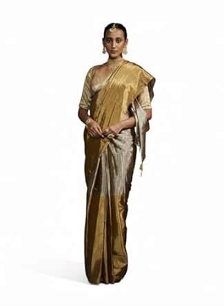 Buy Dressfolk Golden/Silver Lightweight Tissue Saree with Blouse Piece ...