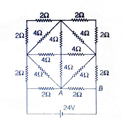 In the circuit, 8 resistors of `2 Omega` and 8 resistors of `4 Omega ...