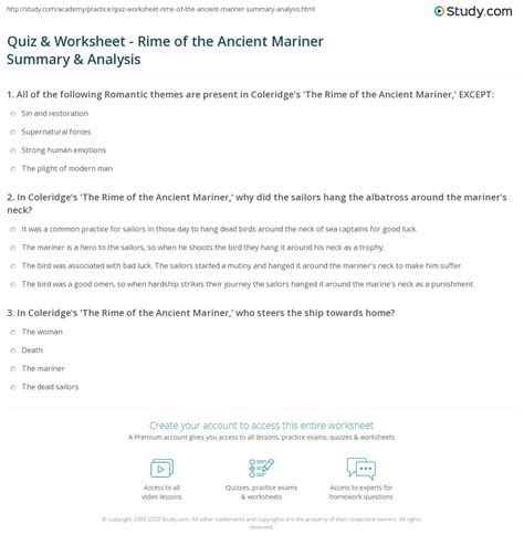 Quiz & Worksheet - Rime of the Ancient Mariner Summary & Analysis ...