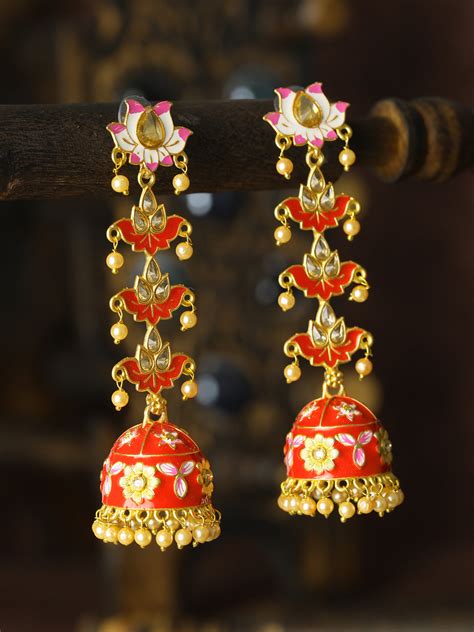 Red Gold Plated Meenakari Jhumka – Priyaasi