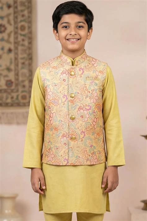Boys Mustard Yellow Kurta Set with Floral Printed Nehru Jacket ...