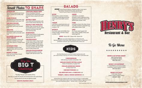 Henry's Restaurant & Bar menus in Cayce, South Carolina, United States