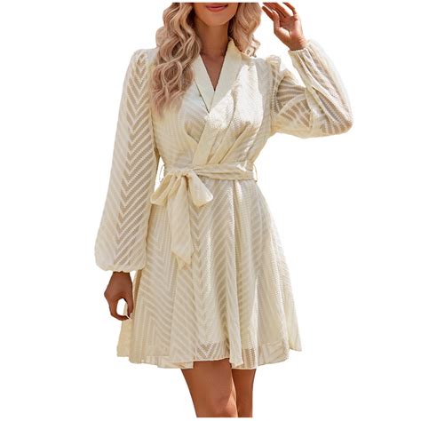 safuny Women's Mini A Line Dress Solid Holiday Long Sleeve V Neck ...