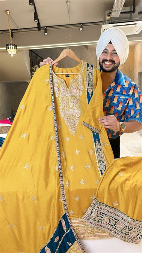 Goldenish yellow chinon Heavy embroidered Premium Plazo suit with Heav