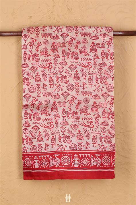 Printed Silk Saree In Cream Color With Warli Design