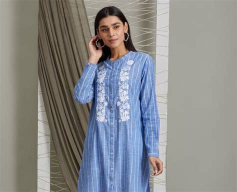 Blue White Striped Cotton Embroidered Tunic