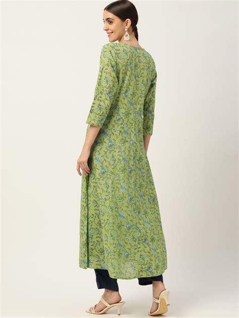 Green & Blue Ethnic Printed Pure Cotton Gotta Patti Anarkali Kurta ...