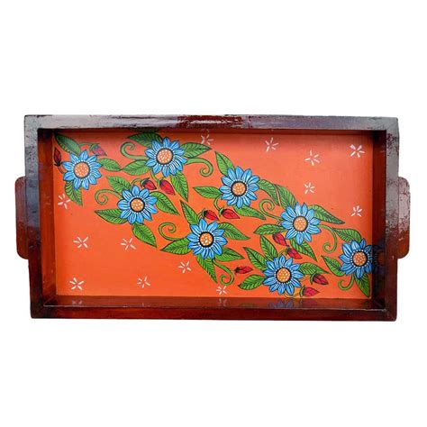 Orange Color Floral Design Handmade Painting Wooden Tray