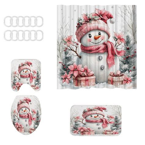 A Christmas Bathroom Set 4Pcs Shower Curtain Toilet Mat Bath Mat Non ...