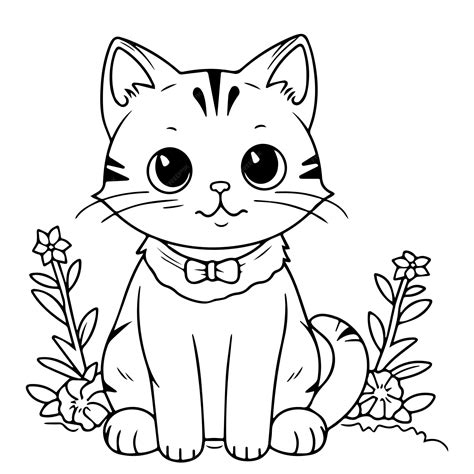 Premium Vector | A black and white drawing of a cat with a bow tie.