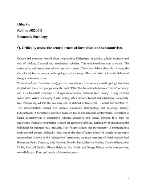 Critically assess the central tenets of formalism and substantivism ...