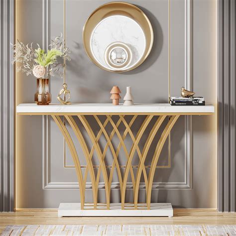 Console Table, 59 ” Faux Marble Entryway Table with Geometric Metal ...