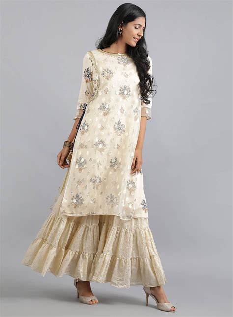 Buy Off-White Round Neck Layered kurta @ 4599 | W for woman – wforwoman