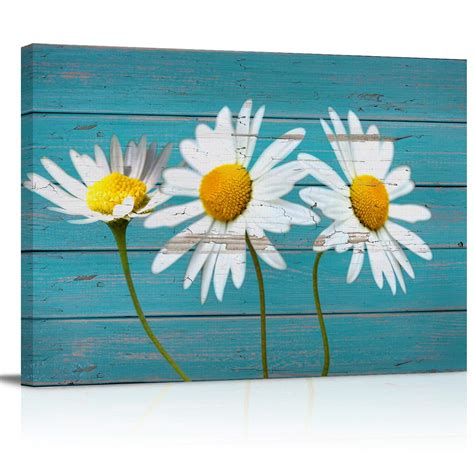 Large Canvas Prints Wall Art-Daisy Flowers Sky Blue Rustic Wood Oil ...