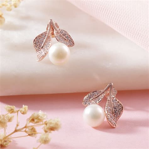 Pearl Elegance Rose Gold-Plated CZ & Freshwater Pearl 925 Sterling Sil ...