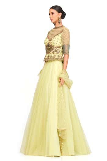 Buy Yellow Net, Tulle Round Embroidered Peplum Lehenga Set For Women by ...