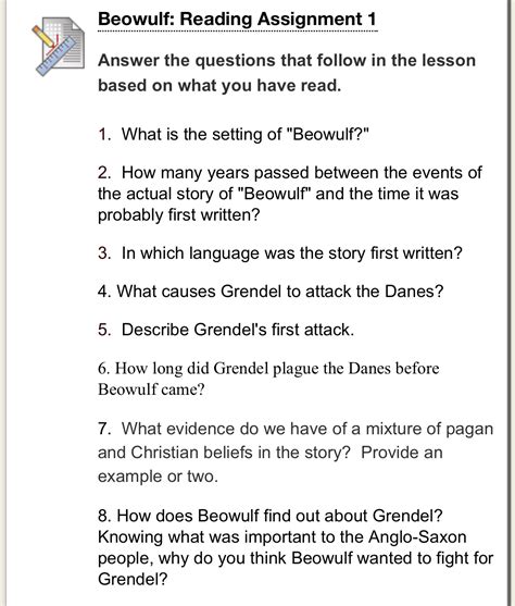 [Solved] Beowulf: Reading Assignment 1. Beowulf: Reading Assignment 1 ...