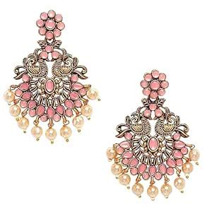 fabula Jewellery Pink Chandbali Drop Earrings-Kempu Stones in Peacock ...