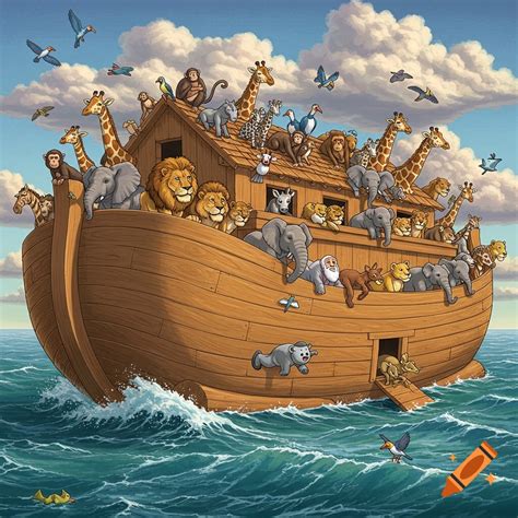 An illustration of Noah's Ark filled with animals on a stormy sea with ...