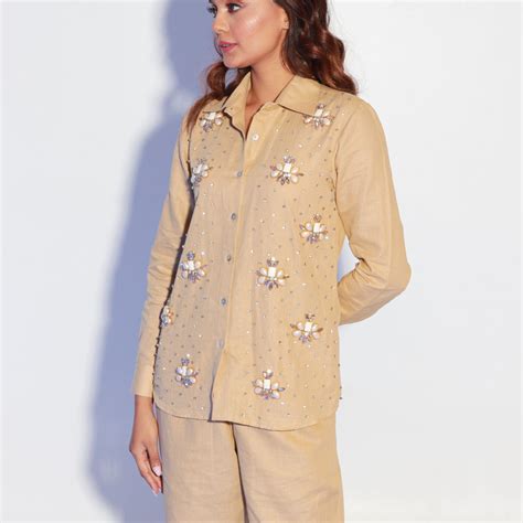 Beige co-ord set in pure linen with stone embellishment on shirt. – ECHKE