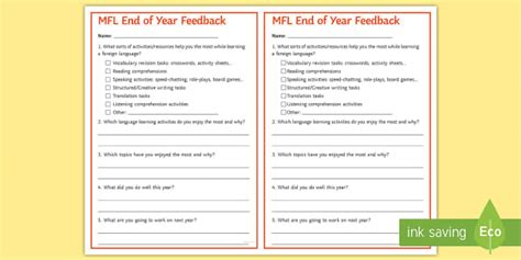 End-of-Year Feedback Questionnaire Cards (teacher made)