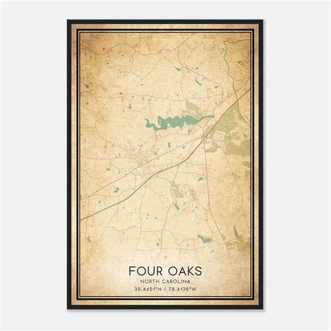 Vintage Four Oaks North Carolina Map Poster, Four Oaks NC City Road ...