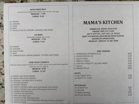 Menu at Mama's Kitchen restaurant, Cut Off