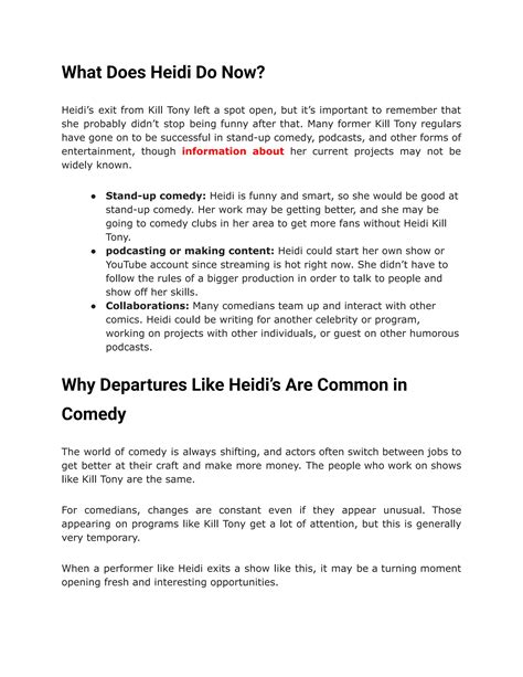 The Impact of Heidi Kill Tony on Comedy and Heidi Departure | PDF