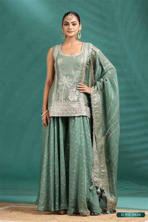 Zari & Mirror Embroidered Sleeveless Kurta & Flared Pallazo Set with L ...